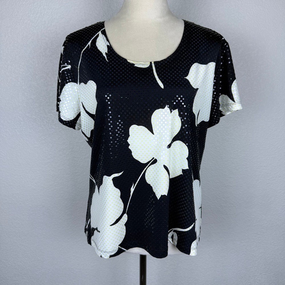 VTG Draper's & Damon's Black Floral Print Shimmer Short Sleeve Top Made Inβ USA